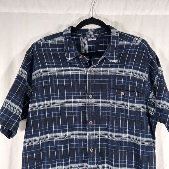 Patagonia Flannel Shirt Men XL Black Plaid Button Up Short Sleeve Organic Cotton - Picture 2 of 8